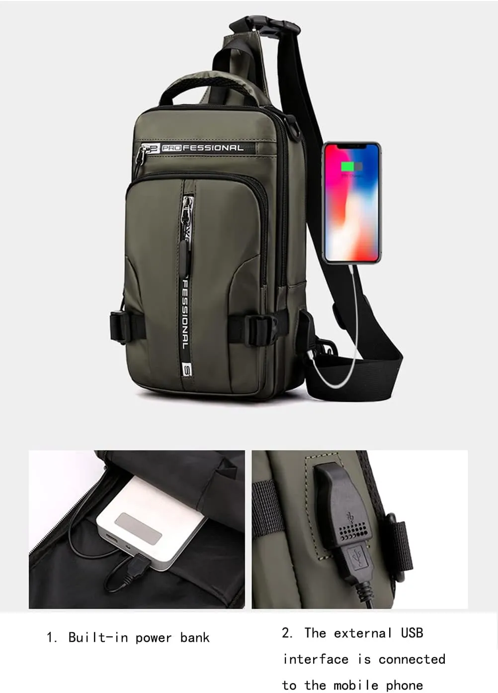 Sling Bag for Men Women Shoulder Backpack Chest Bags Crossbody Daypack with USB Cable for Hiking Camping Outdoor Trip (black)