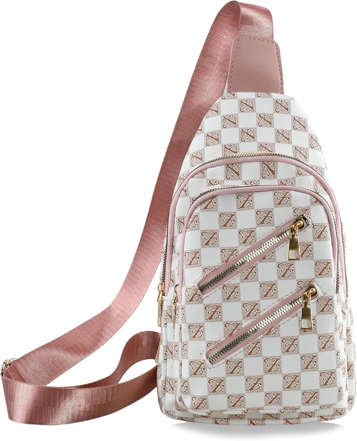 Sling Bag for Women Men Fanny Pack Chest Bag Leather Crossbody Bags for Travel Anti Theft,Crossbody Bag for Women (Grid pink shoulder strap)