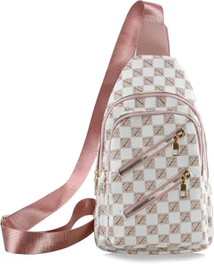 Sling Bag for Women Men Fanny Pack Chest Bag Leather Crossbody Bags for Travel Anti Theft,Crossbody Bag for Women (Grid pink shoulder strap)
