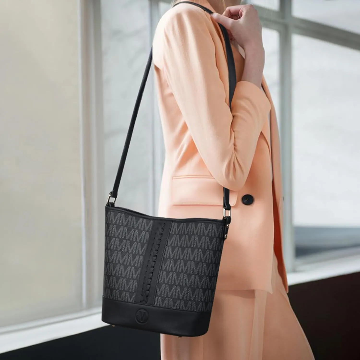 Small Bucket Bag Purses for Women Vegan Leather Crossbody Shoulder Monogram Handbags with Adjustable Strap