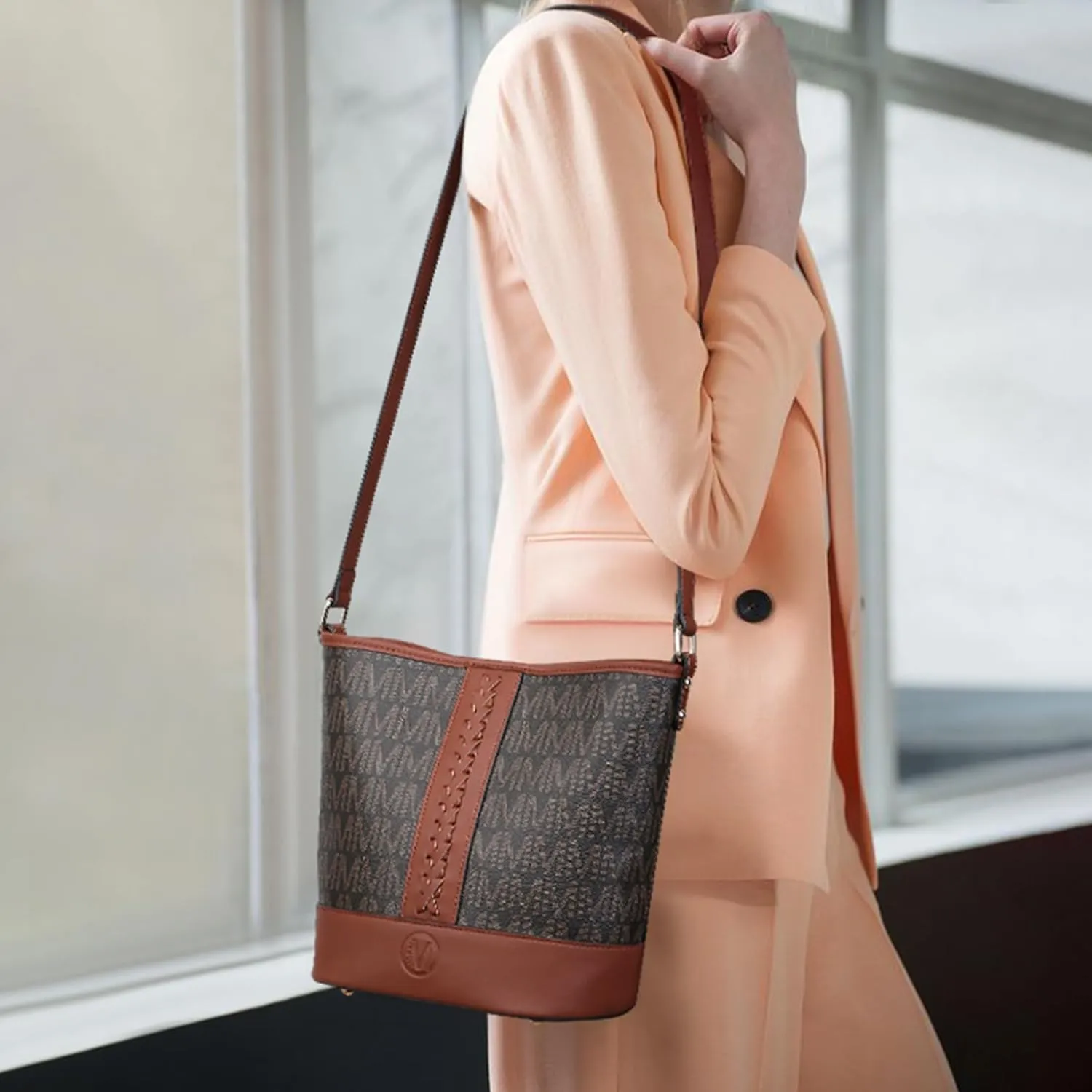Small Bucket Bag Purses for Women Vegan Leather Crossbody Shoulder Monogram Handbags with Adjustable Strap