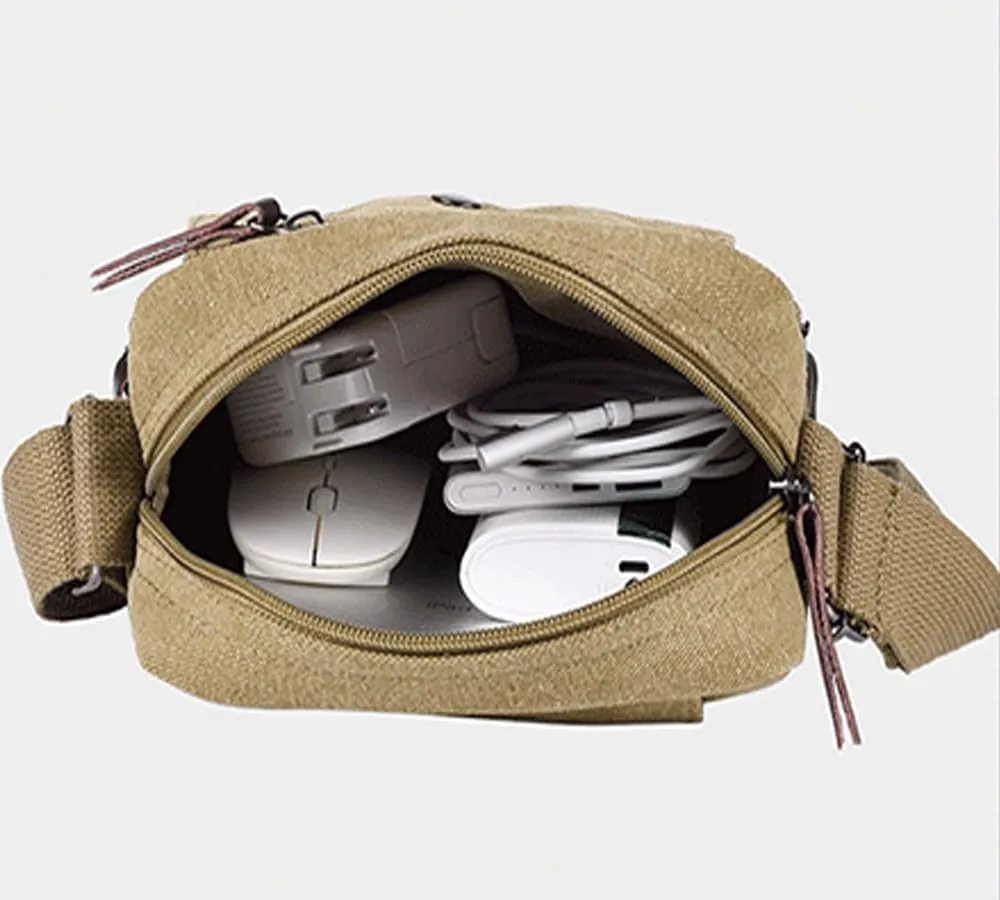 Small Canvas Messenger Bag Chest Bag Travel Bag, Mini Crossbody Bag Shoulder Bag for Men Women Multi Pocket Purses