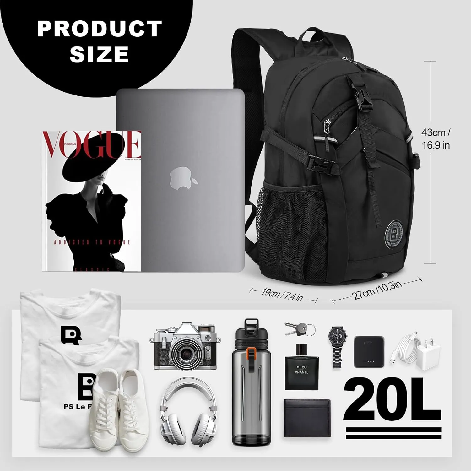 Small Hiking Backpack, 20L Lightweight Travel Backpack with Phone Pocket, Hiking Daypack for Women Men,Black