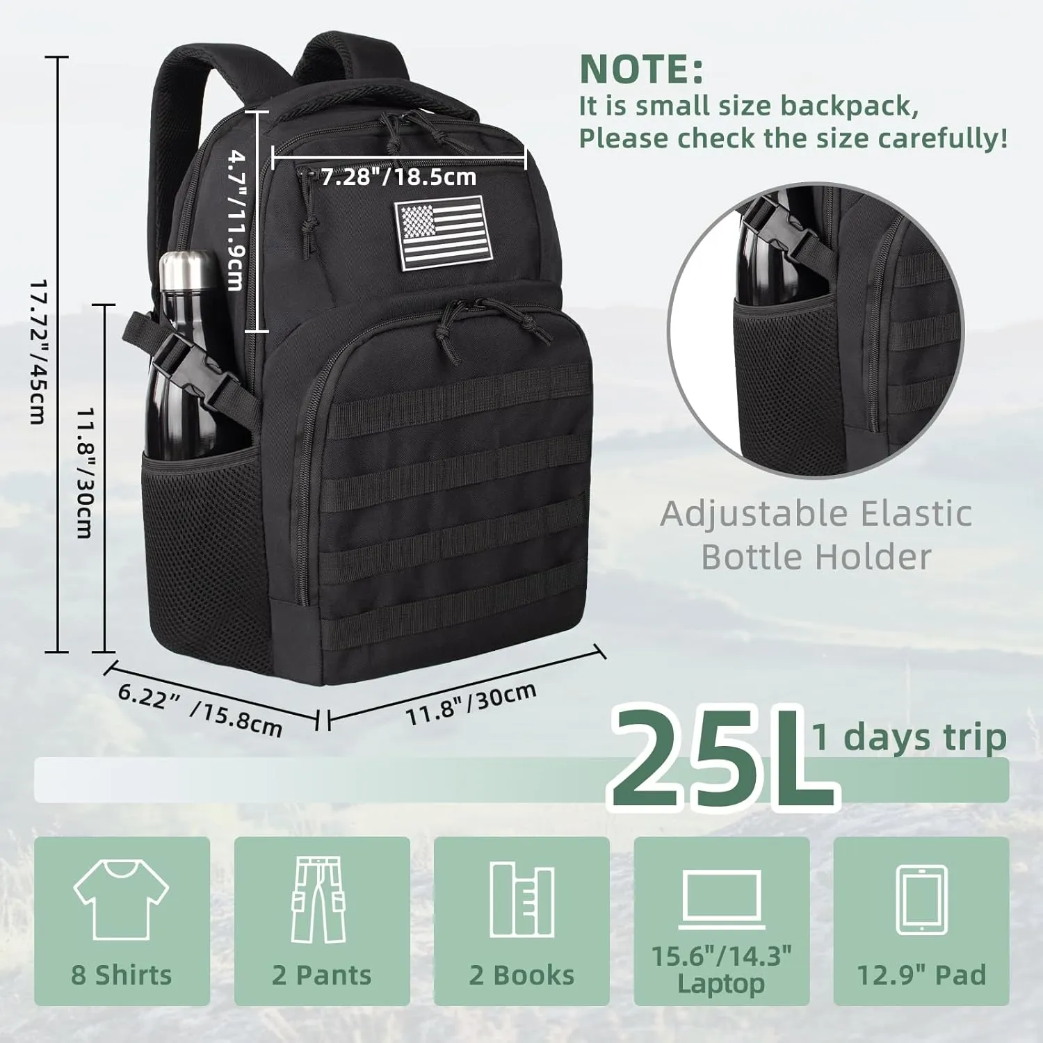 Small Military Tactical Backpack for Men，Travel Hiking Black Backpack with Bottle Holder on Both Sides, 25L Laptop Backpack for Work, Men's Assault Bag Back Pack