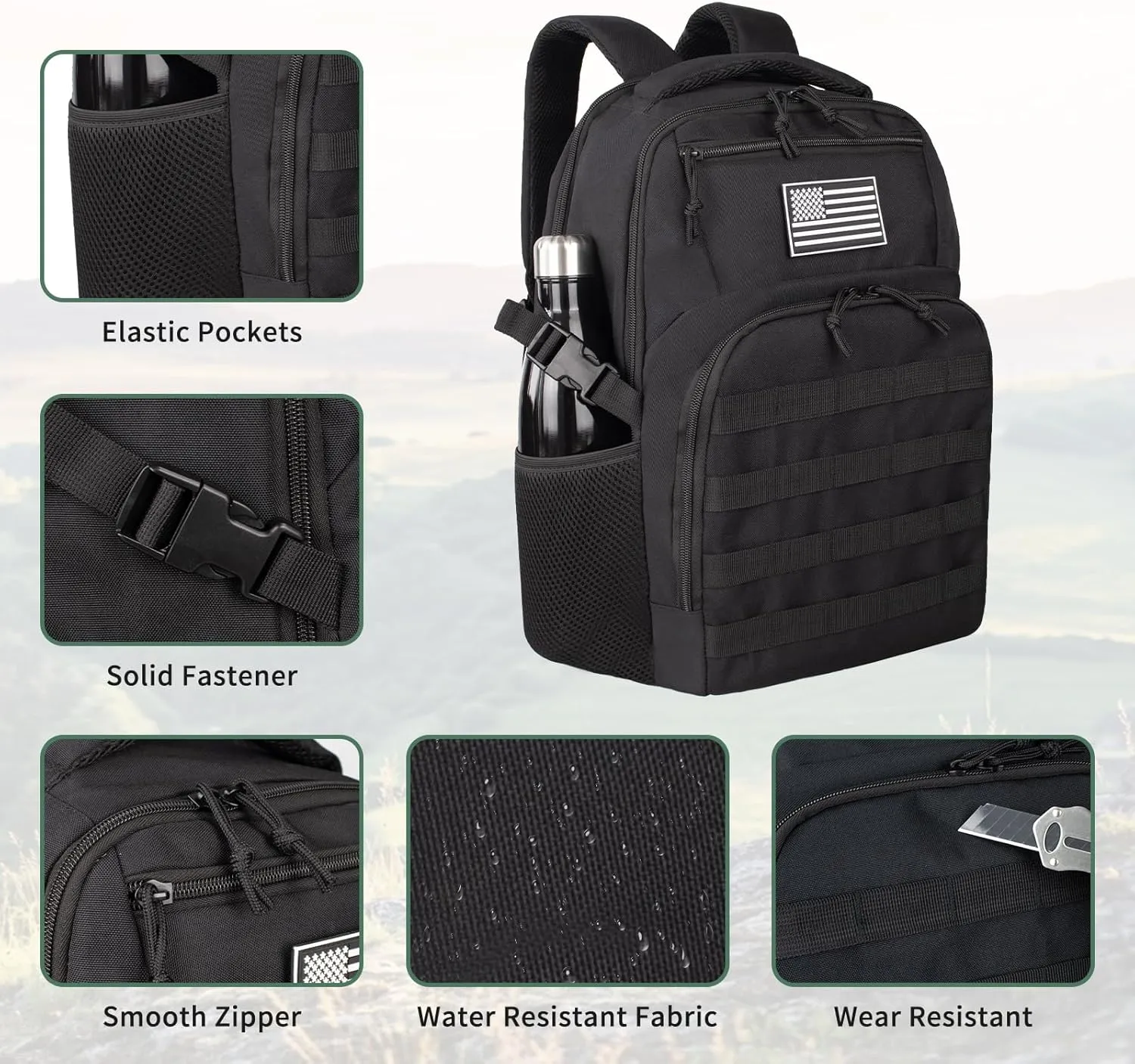 Small Military Tactical Backpack for Men，Travel Hiking Black Backpack with Bottle Holder on Both Sides, 25L Laptop Backpack for Work, Men's Assault Bag Back Pack