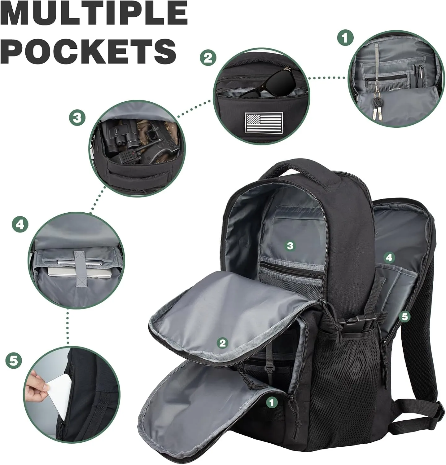 Small Military Tactical Backpack for Men，Travel Hiking Black Backpack with Bottle Holder on Both Sides, 25L Laptop Backpack for Work, Men's Assault Bag Back Pack