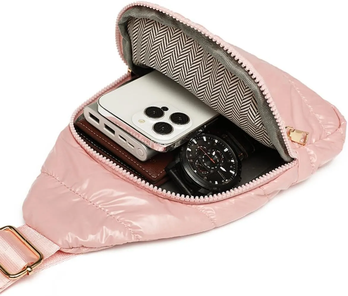 Small Puffy Sling Bag for Women Unisex Quilted Sling Bag for Men Puffer Chest Bag Small Bum Bag (Pink)