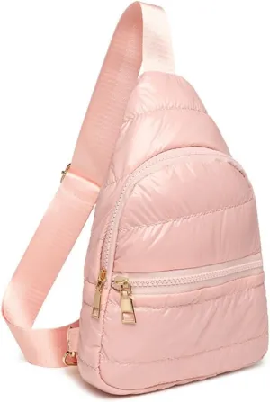 Small Puffy Sling Bag for Women Unisex Quilted Sling Bag for Men Puffer Chest Bag Small Bum Bag (Pink)
