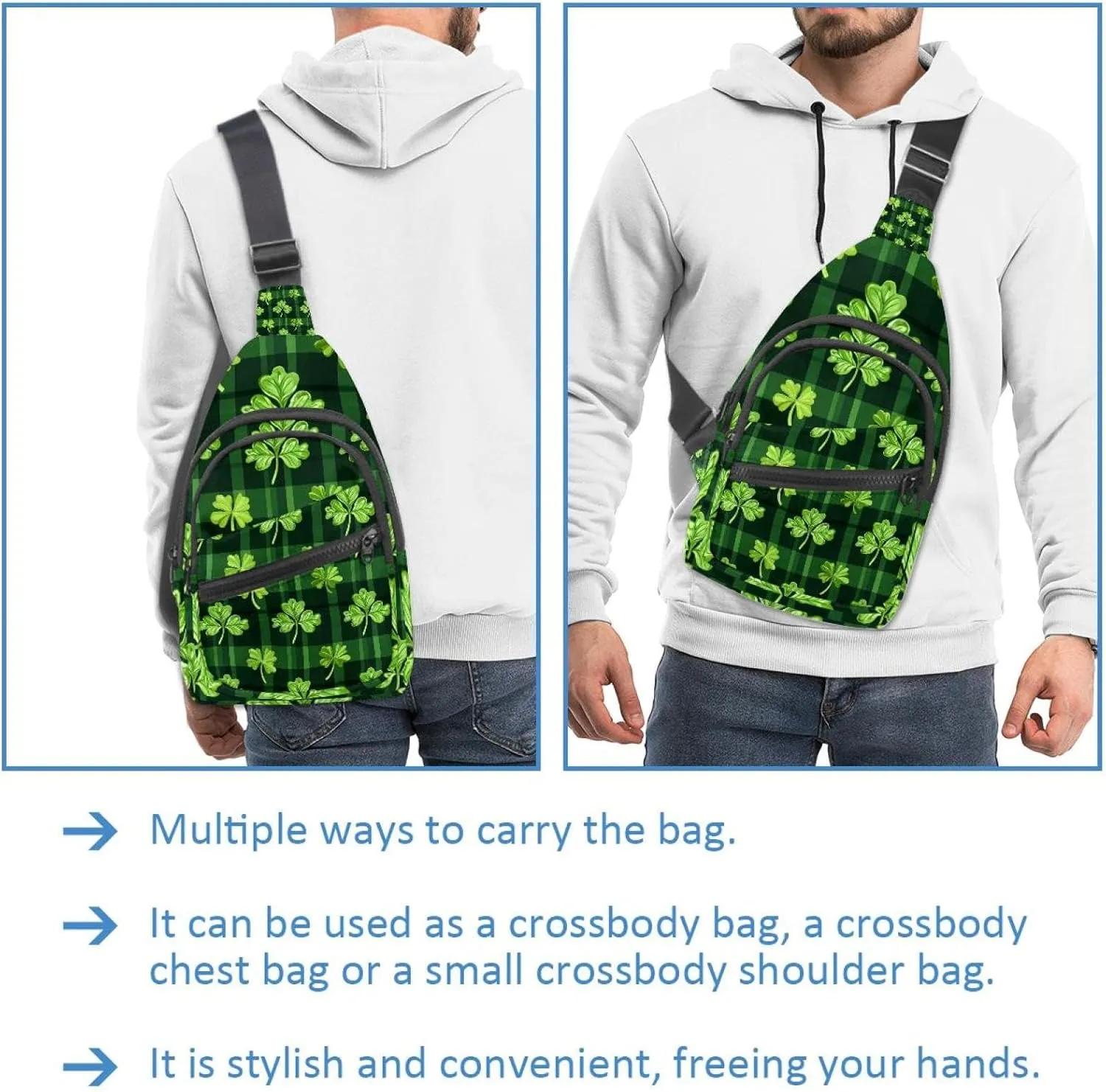Small Sling Backpack Crossbody Sling Bag, Chest Bag Daypack, Saint Patrick's Day Clover Leaf