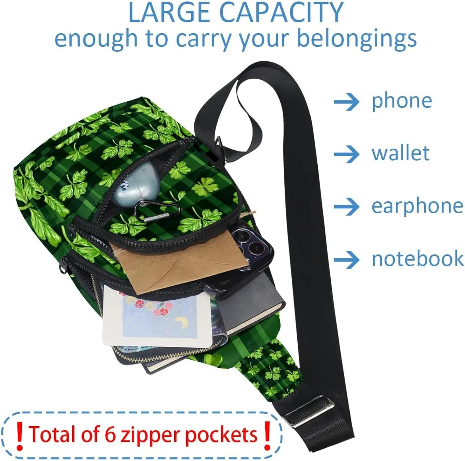 Small Sling Backpack Crossbody Sling Bag, Chest Bag Daypack, Saint Patrick's Day Clover Leaf