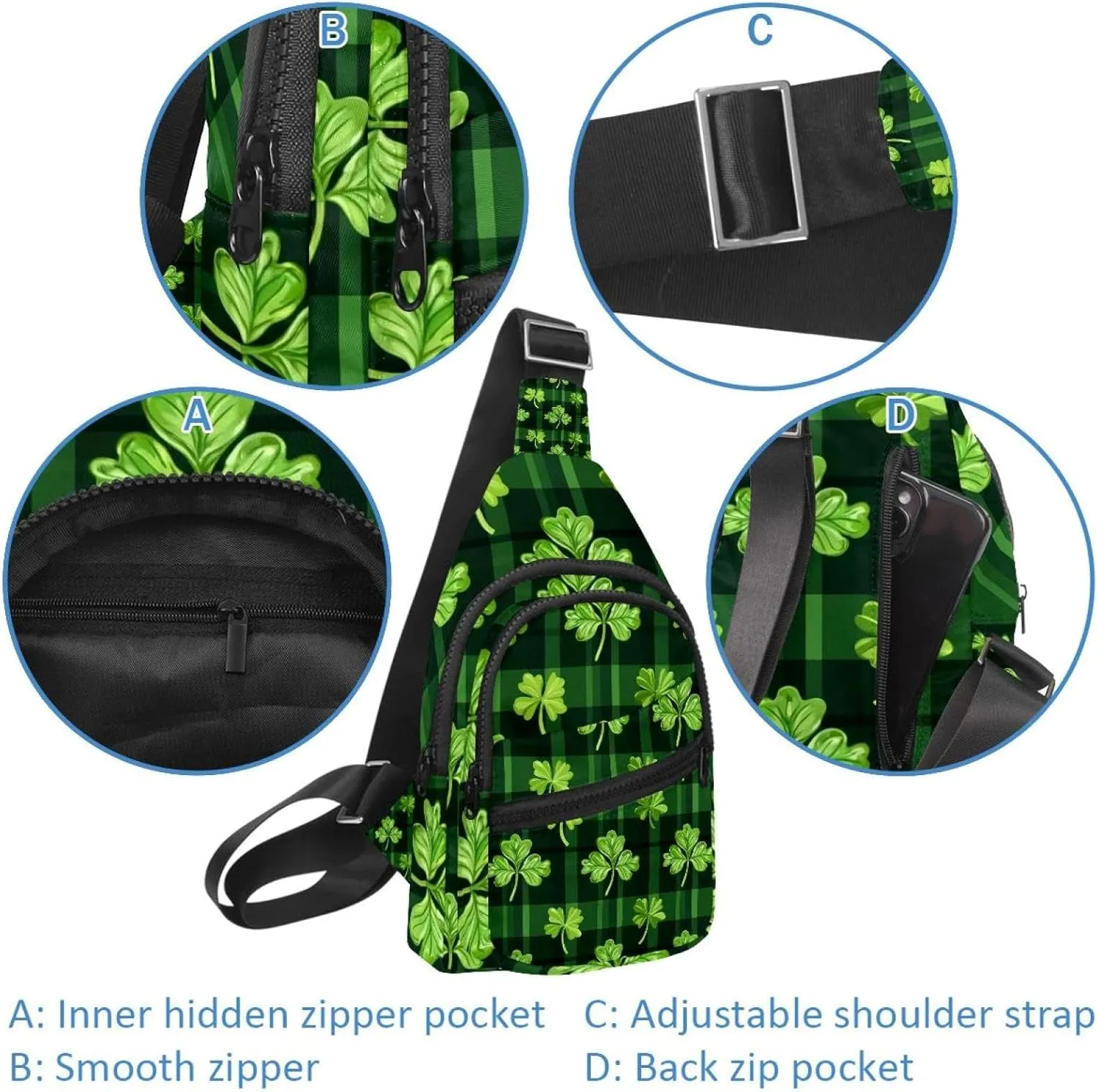 Small Sling Backpack Crossbody Sling Bag, Chest Bag Daypack, Saint Patrick's Day Clover Leaf