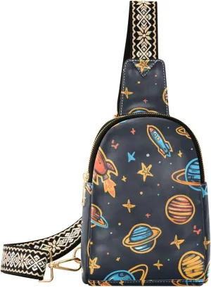 Small Sling Bag for Women Cartoon Space Rockets Stars Leather Crossbody Bags Chest Bag Waist Packs
