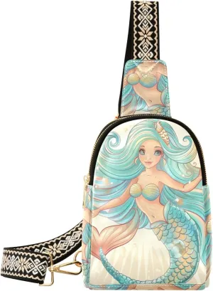 Small Sling Bag for Women Mermaid Teal Scales Tail Leather Crossbody Bags Chest Bag Waist Packs