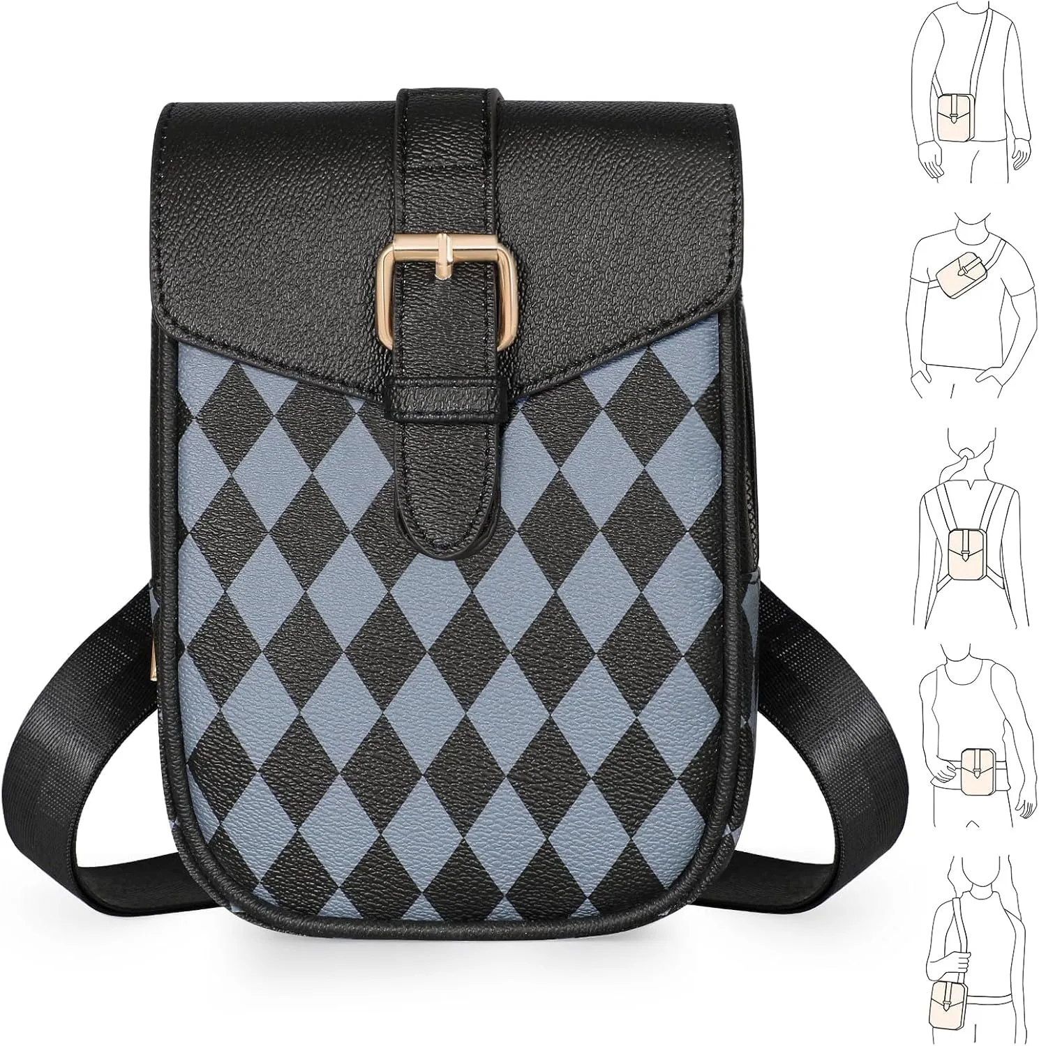 Small Sling Bag for Women Purse Cross Body Black Checkered Anti-theft Waist Belt Bag for Travel