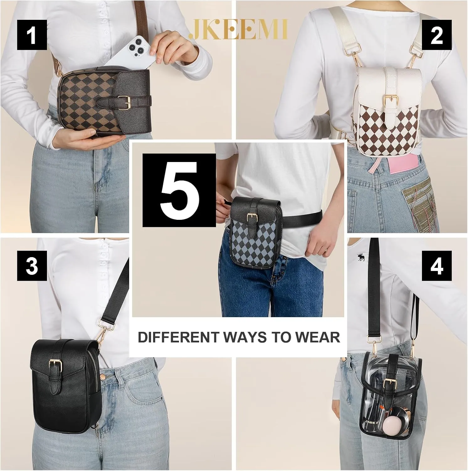 Small Sling Bag for Women Purse Cross Body Black Checkered Anti-theft Waist Belt Bag for Travel