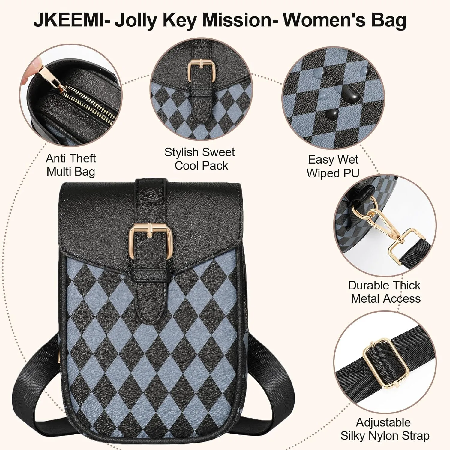 Small Sling Bag for Women Purse Cross Body Black Checkered Anti-theft Waist Belt Bag for Travel