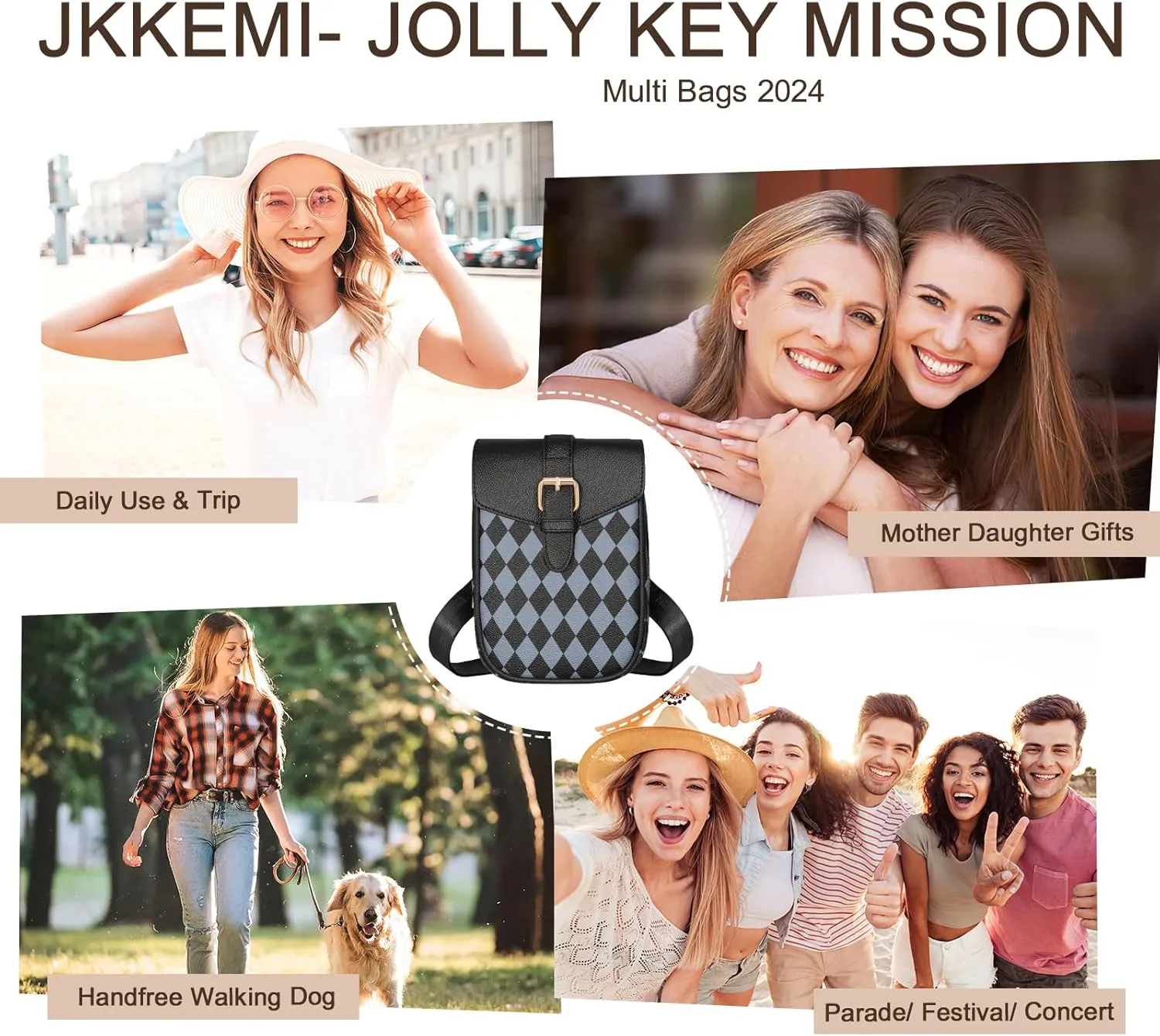 Small Sling Bag for Women Purse Cross Body Black Checkered Anti-theft Waist Belt Bag for Travel