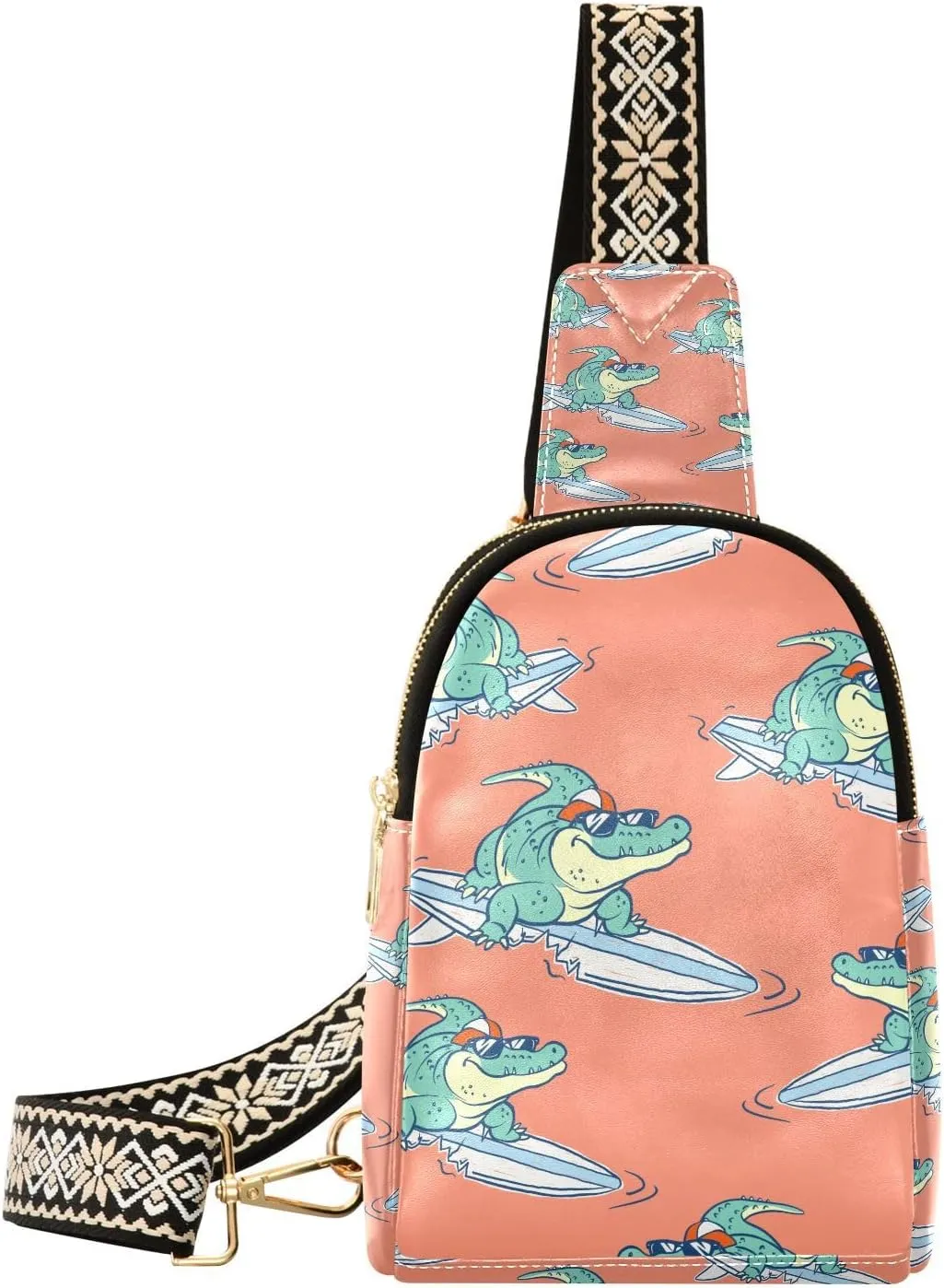Small Sling Bag Funny Surfing Crocodile Crossbody Bag PU Leather Sling Purse for Women