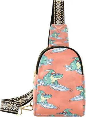 Small Sling Bag Funny Surfing Crocodile Crossbody Bag PU Leather Sling Purse for Women