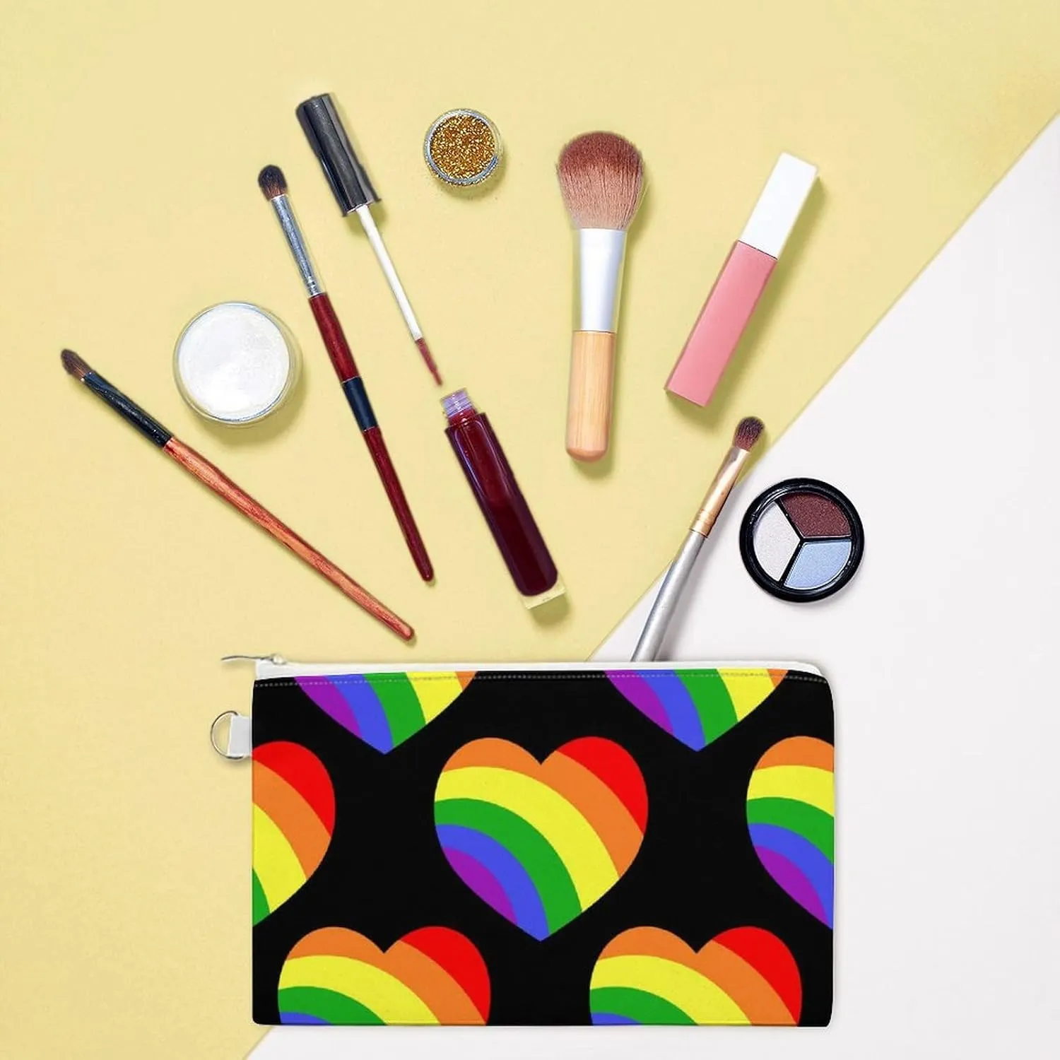 Soft Clutch Wallet, Women Handbag Canvas Zipper Makeup Bag Holder Purse for Credit Coin Bills Crash 7.4x4.6 in Print Seamless Rainbow Hearts on Black Dark