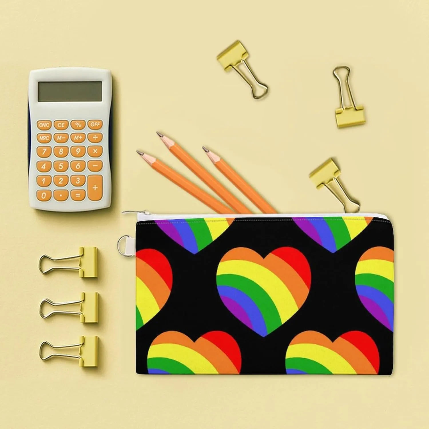 Soft Clutch Wallet, Women Handbag Canvas Zipper Makeup Bag Holder Purse for Credit Coin Bills Crash 7.4x4.6 in Print Seamless Rainbow Hearts on Black Dark