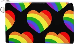 Soft Clutch Wallet, Women Handbag Canvas Zipper Makeup Bag Holder Purse for Credit Coin Bills Crash 7.4x4.6 in Print Seamless Rainbow Hearts on Black Dark