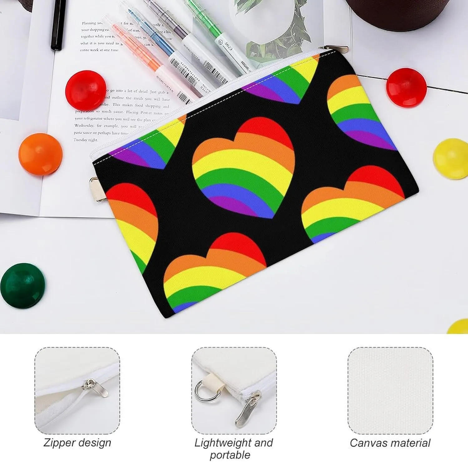 Soft Clutch Wallet, Women Handbag Canvas Zipper Makeup Bag Holder Purse for Credit Coin Bills Crash 7.4x4.6 in Print Seamless Rainbow Hearts on Black Dark