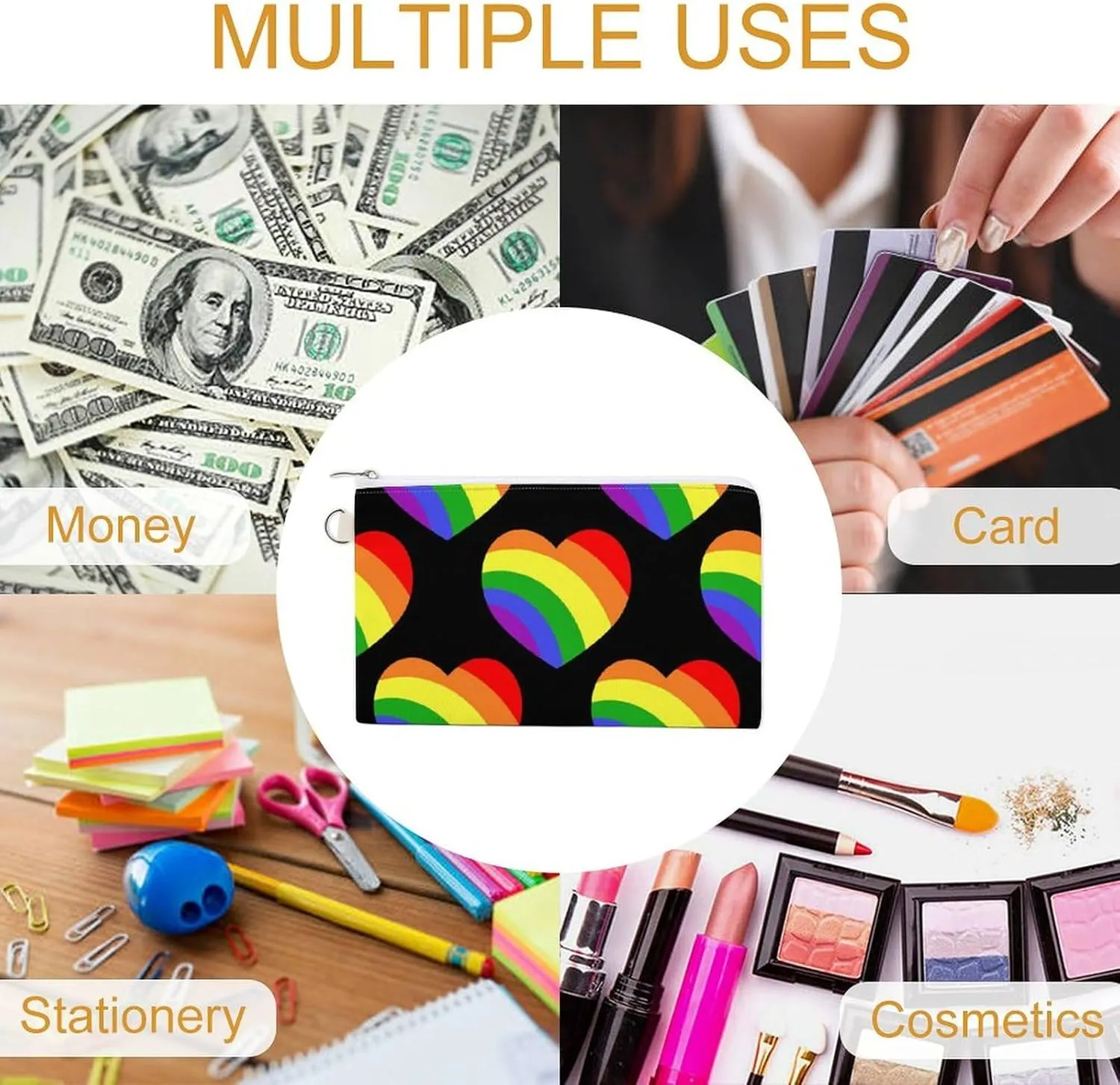 Soft Clutch Wallet, Women Handbag Canvas Zipper Makeup Bag Holder Purse for Credit Coin Bills Crash 7.4x4.6 in Print Seamless Rainbow Hearts on Black Dark