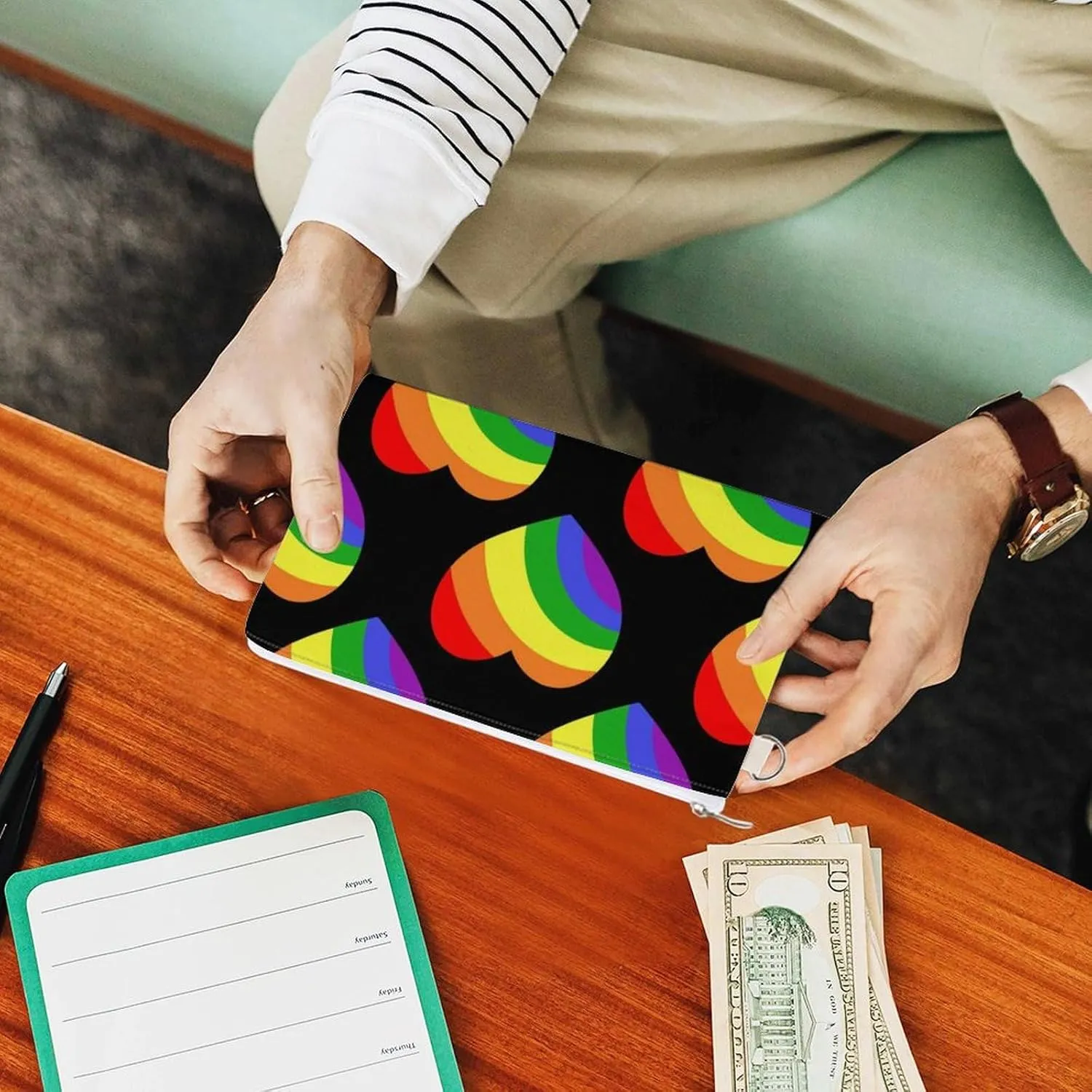 Soft Clutch Wallet, Women Handbag Canvas Zipper Makeup Bag Holder Purse for Credit Coin Bills Crash 7.4x4.6 in Print Seamless Rainbow Hearts on Black Dark