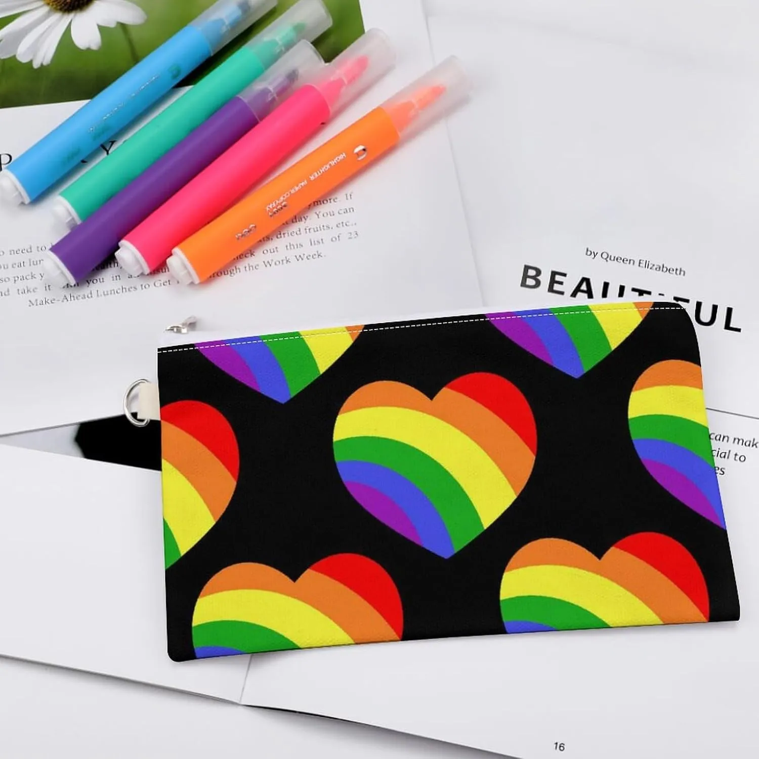 Soft Clutch Wallet, Women Handbag Canvas Zipper Makeup Bag Holder Purse for Credit Coin Bills Crash 7.4x4.6 in Print Seamless Rainbow Hearts on Black Dark