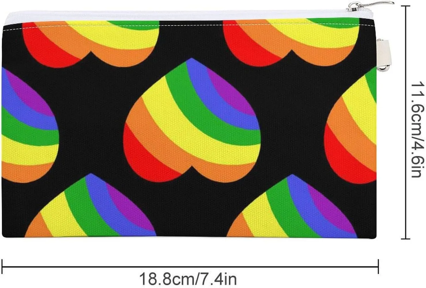Soft Clutch Wallet, Women Handbag Canvas Zipper Makeup Bag Holder Purse for Credit Coin Bills Crash 7.4x4.6 in Print Seamless Rainbow Hearts on Black Dark