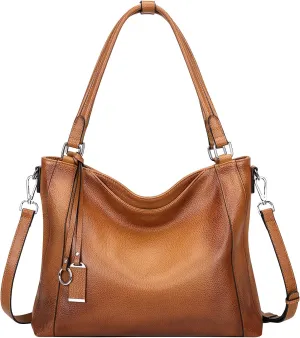 Soft Leather Handbags for Women Shoulder Hobo Bag Large Tote Crossbody Bag (O103E Two Tone Brown)