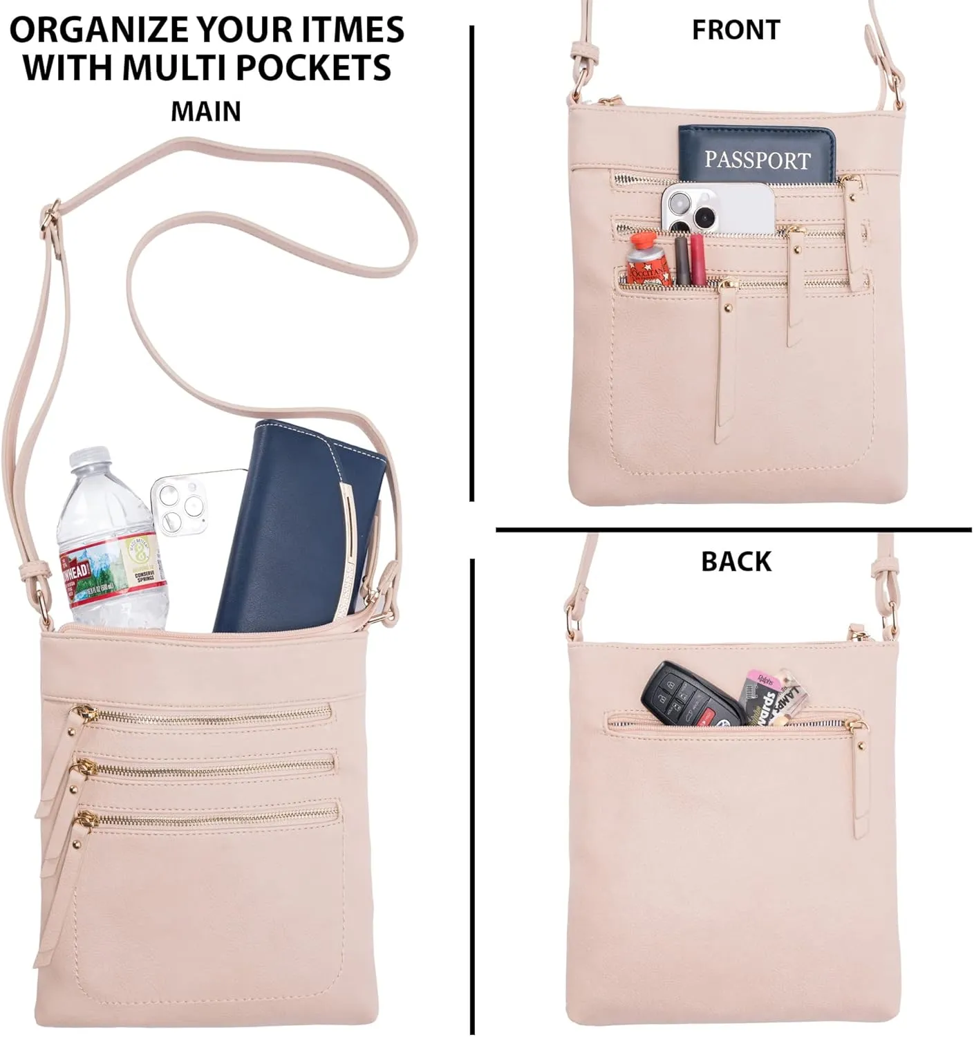 Solene Crossbody Bag Functional Multi Pocket Messenger Purse Top Zip Closure Shoulder Handbag With Adjustable Strap