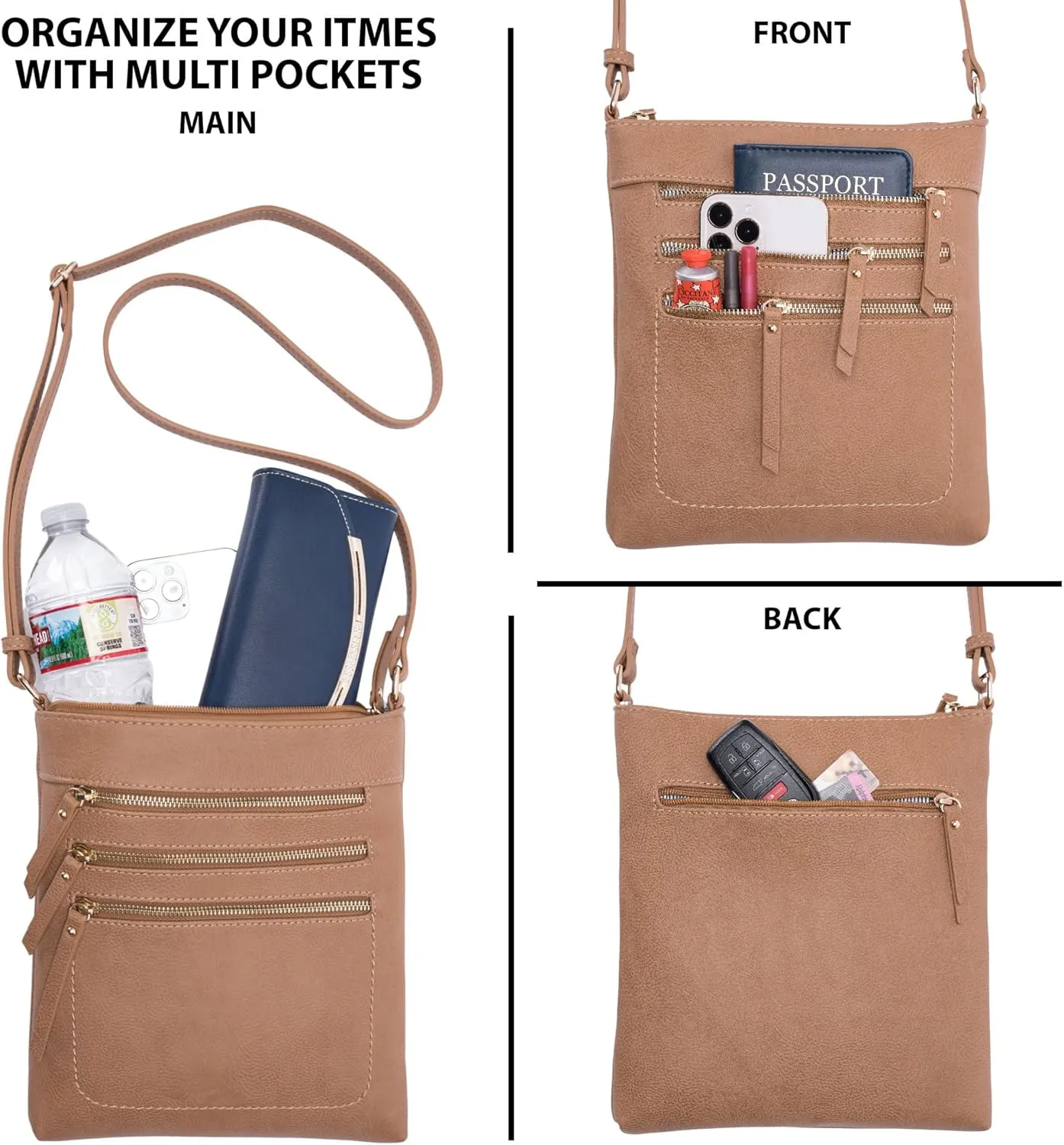 Solene Crossbody Bag Functional Multi Pocket Messenger Purse Top Zip Closure Shoulder Handbag With Adjustable Strap