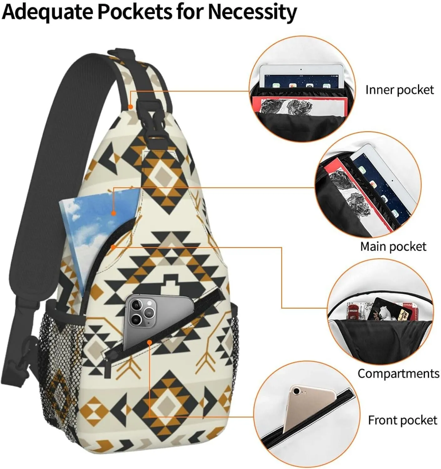 Southwest Native American Tribal Sling Bag for Women Men Aztec Ethnic Geometry Striped Crossbody Backpack Abstract Navajo Print Sling Backpack Casual Shoulder Bag Gym Travel Hiking Daypack