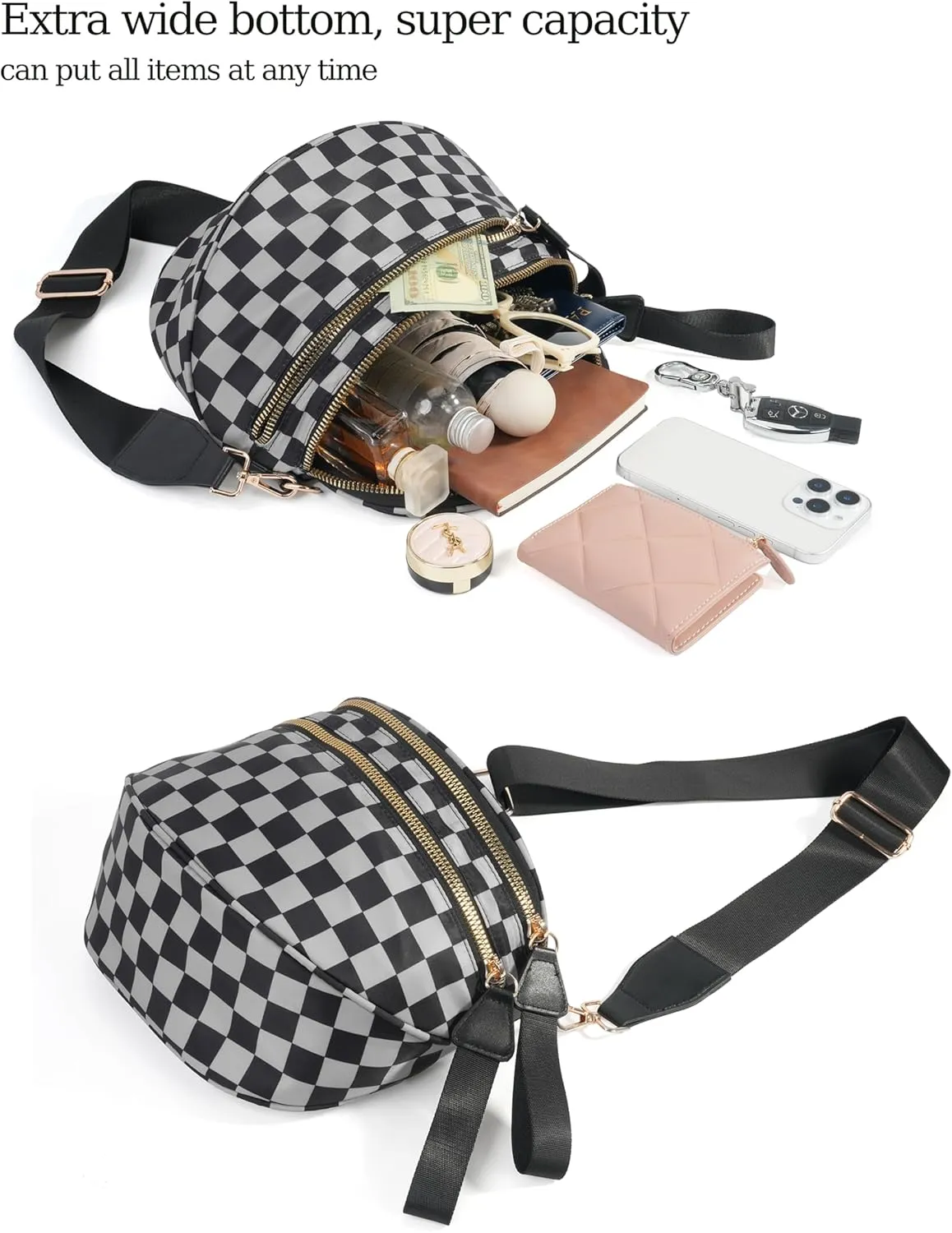 Spacious Checkered Nylon Crossbody Bag Bum Bag Checkered Handbags Wallets for Women
