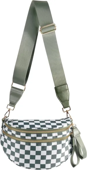 Spacious Checkered Nylon Crossbody Bag Bum Bag Checkered Handbags Wallets for Women