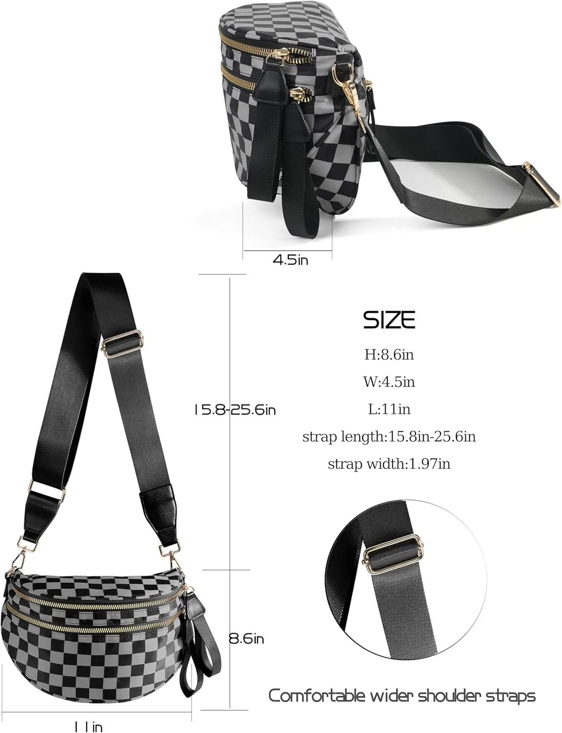 Spacious Checkered Nylon Crossbody Bag Bum Bag Checkered Handbags Wallets for Women