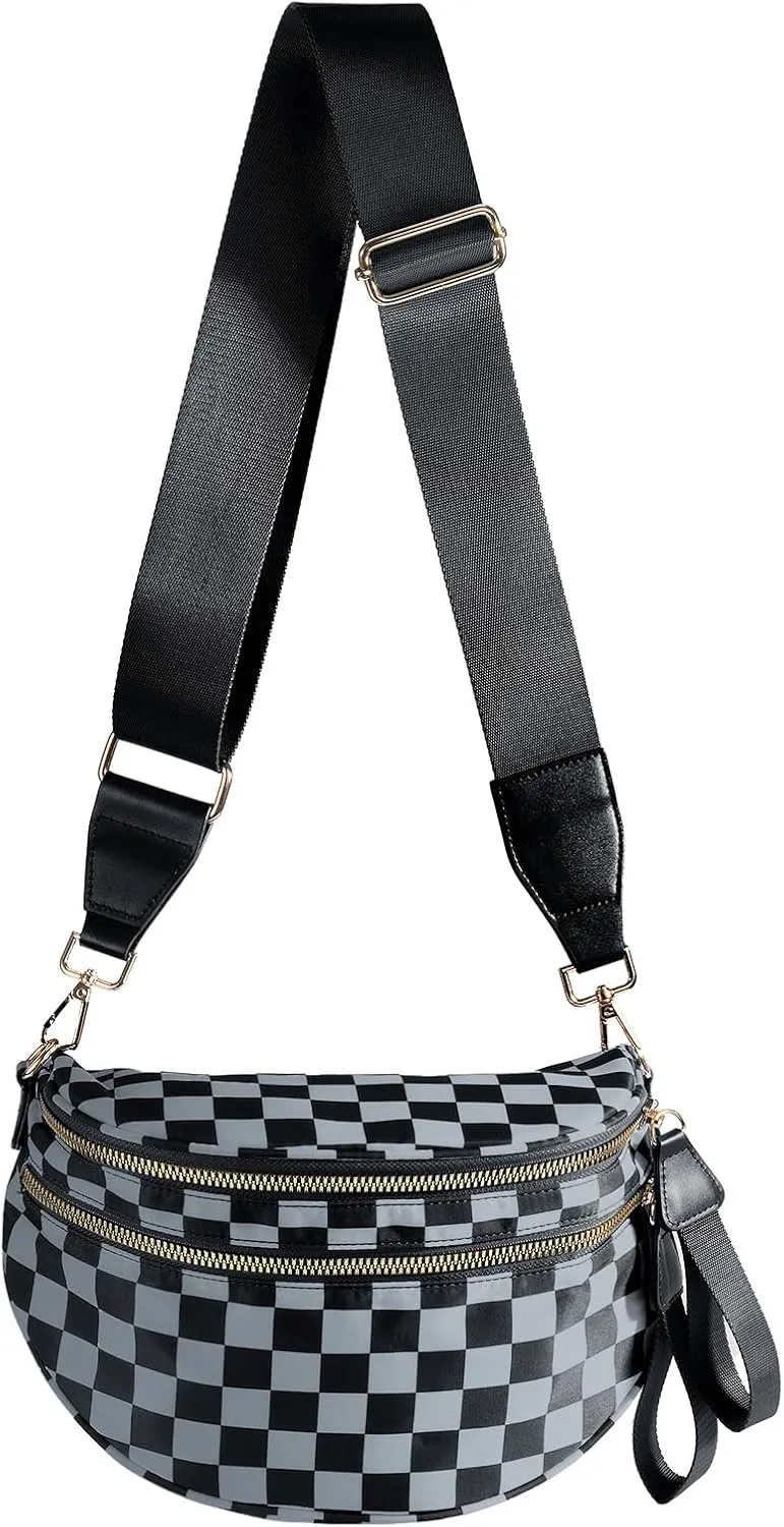 Spacious Checkered Nylon Crossbody Bag Bum Bag Checkered Handbags Wallets for Women