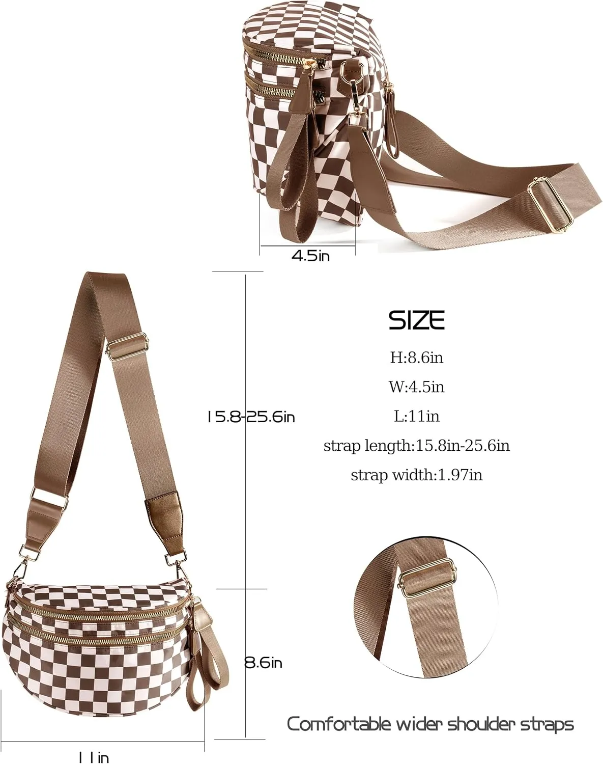 Spacious Checkered Nylon Crossbody Bag Bum Bag Checkered Handbags Wallets for Women