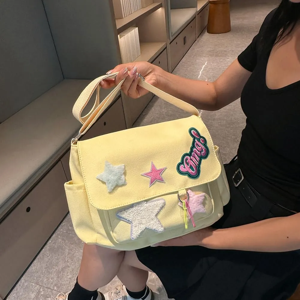 Star Y2k Messenger Bag Cute Canvas Crossbody Bag Kawaii Satchel Bag For Women Aesthetic Multipocket Shoulder Bag