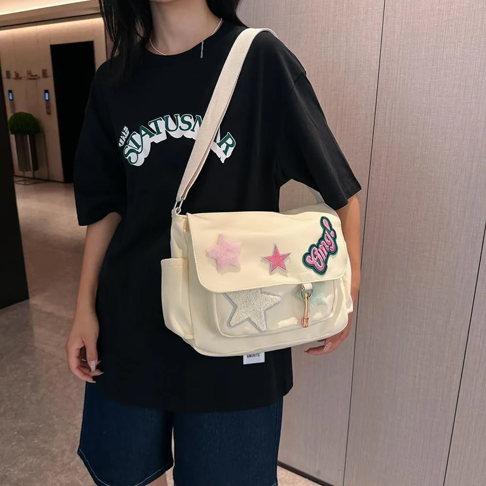 Star Y2k Messenger Bag Cute Canvas Crossbody Bag Kawaii Satchel Bag For Women Aesthetic Multipocket Shoulder Bag