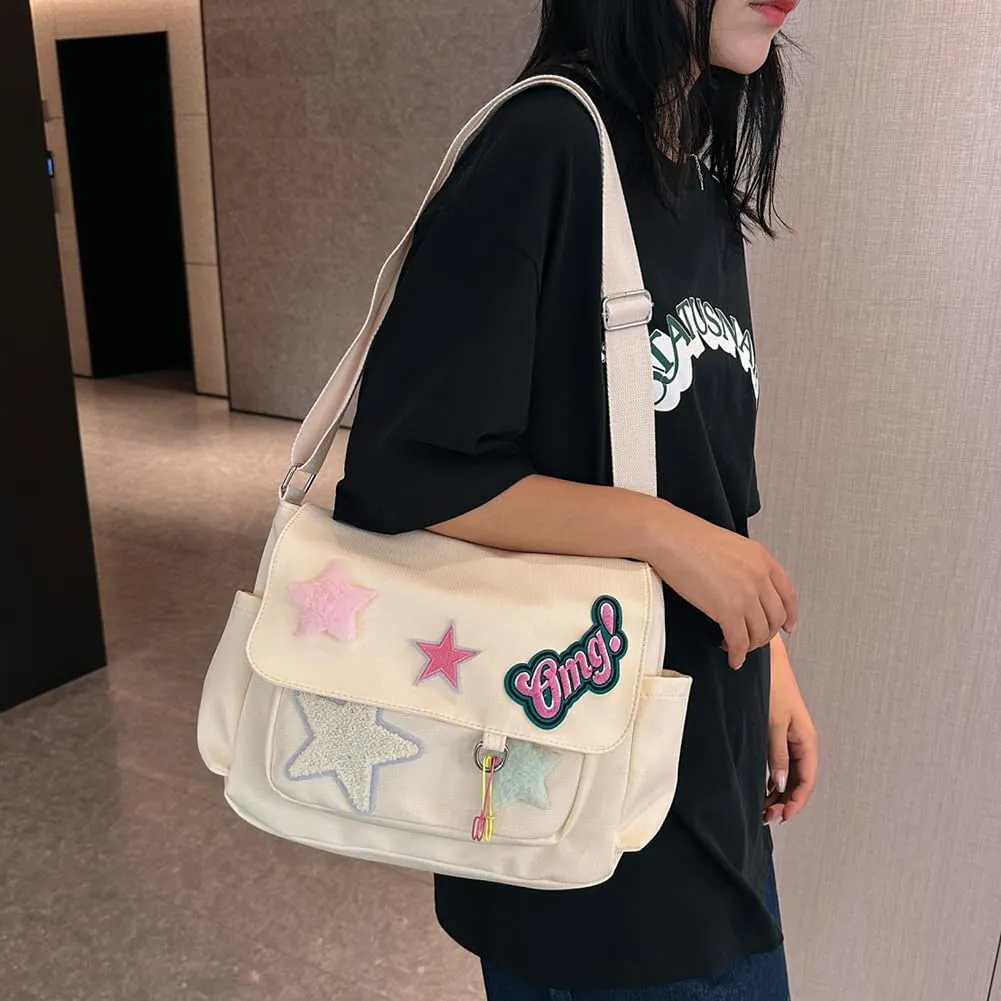 Star Y2k Messenger Bag Cute Canvas Crossbody Bag Kawaii Satchel Bag For Women Aesthetic Multipocket Shoulder Bag