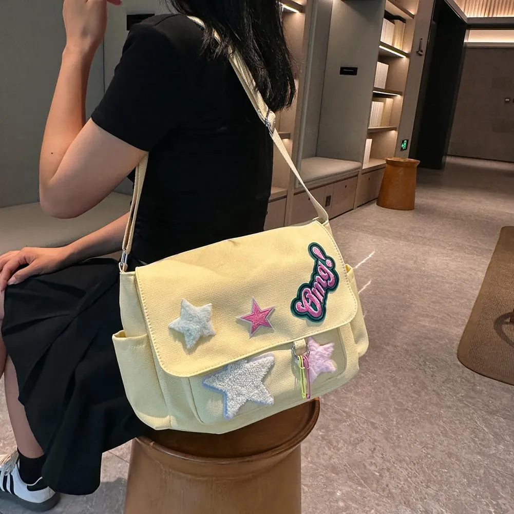 Star Y2k Messenger Bag Cute Canvas Crossbody Bag Kawaii Satchel Bag For Women Aesthetic Multipocket Shoulder Bag