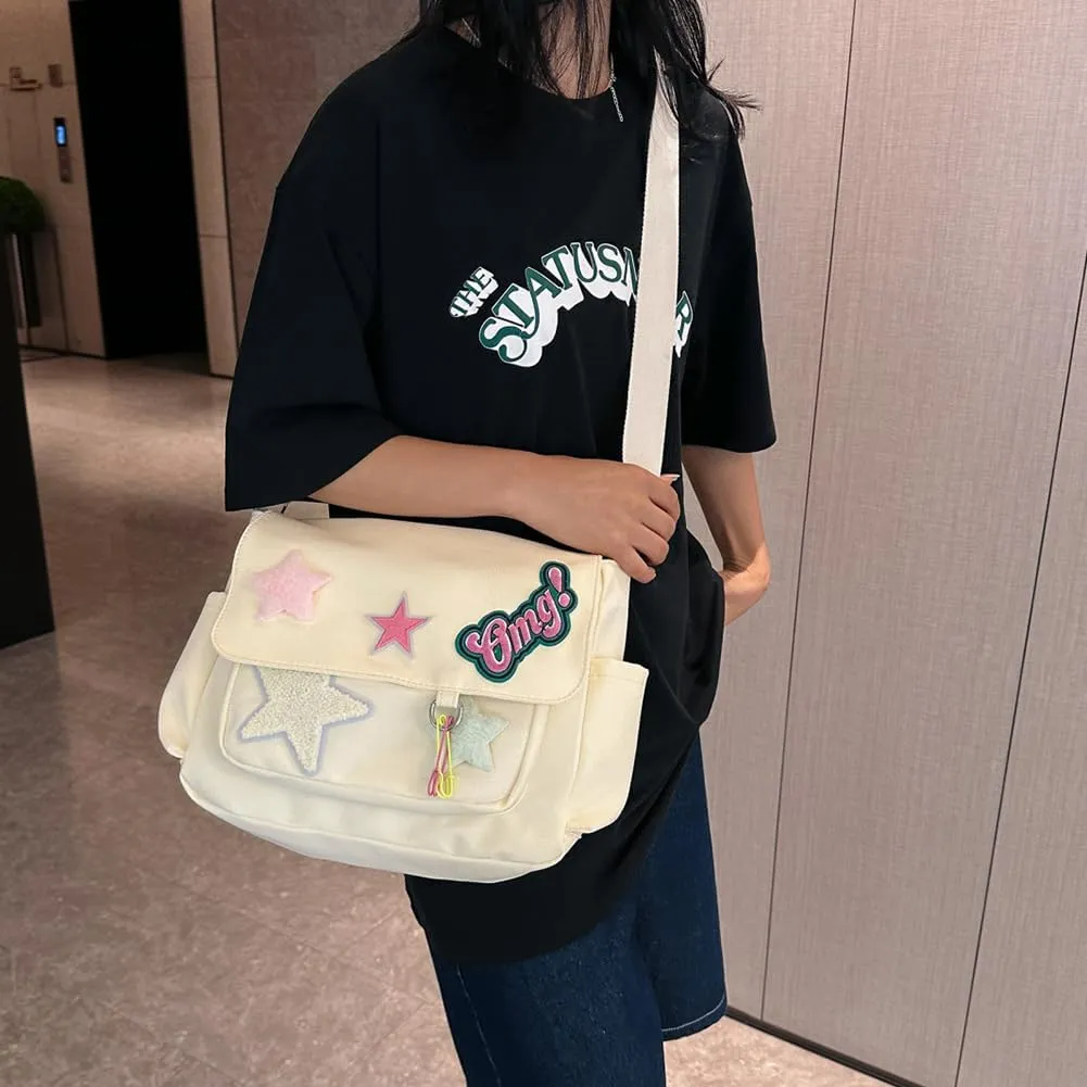 Star Y2k Messenger Bag Cute Canvas Crossbody Bag Kawaii Satchel Bag For Women Aesthetic Multipocket Shoulder Bag