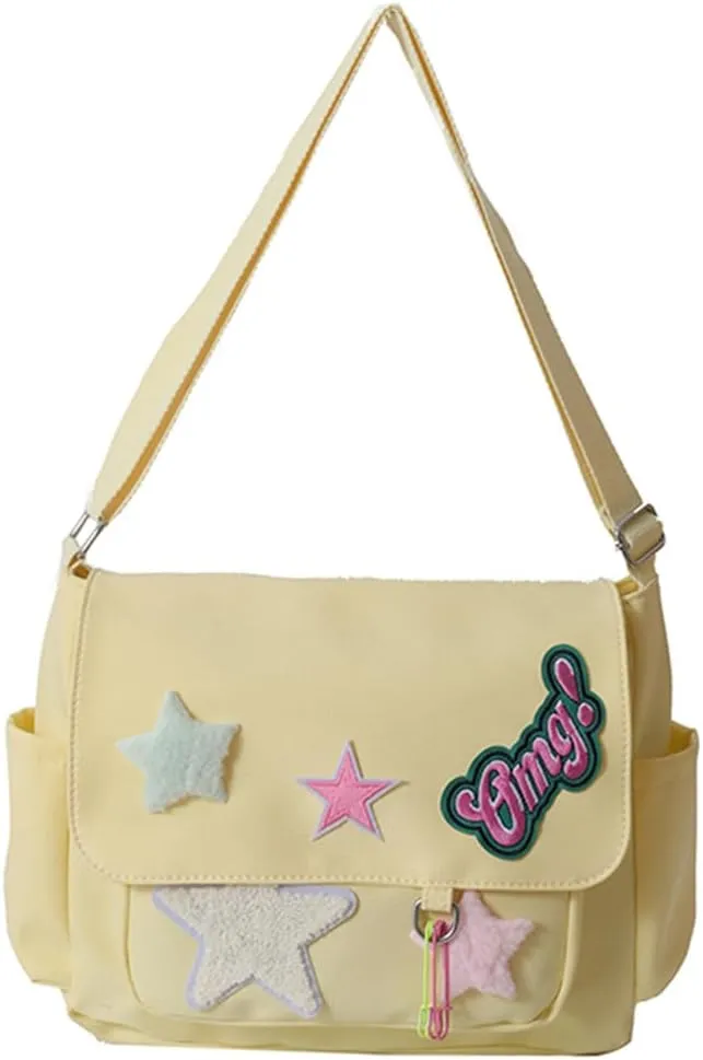 Star Y2k Messenger Bag Cute Canvas Crossbody Bag Kawaii Satchel Bag For Women Aesthetic Multipocket Shoulder Bag