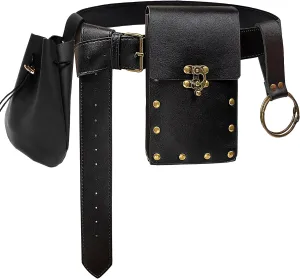 Steampunk Fashion Waist Bag Fanny Pack Belt Pouch Phone Purse Festival Medieval Renaissance Costume Retro Cosplay Accessory (2P-Black)