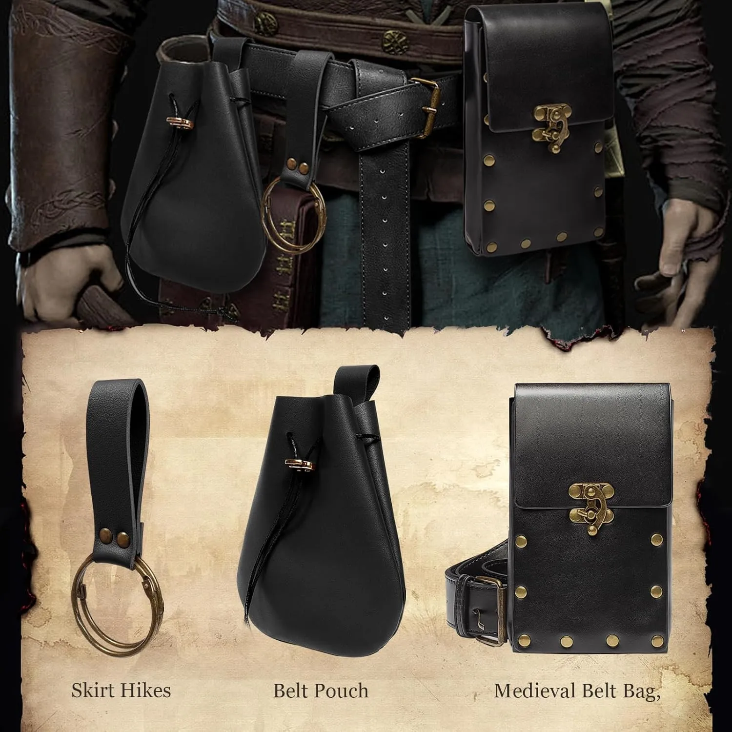 Steampunk Fashion Waist Bag Fanny Pack Belt Pouch Phone Purse Festival Medieval Renaissance Costume Retro Cosplay Accessory (2P-Black)