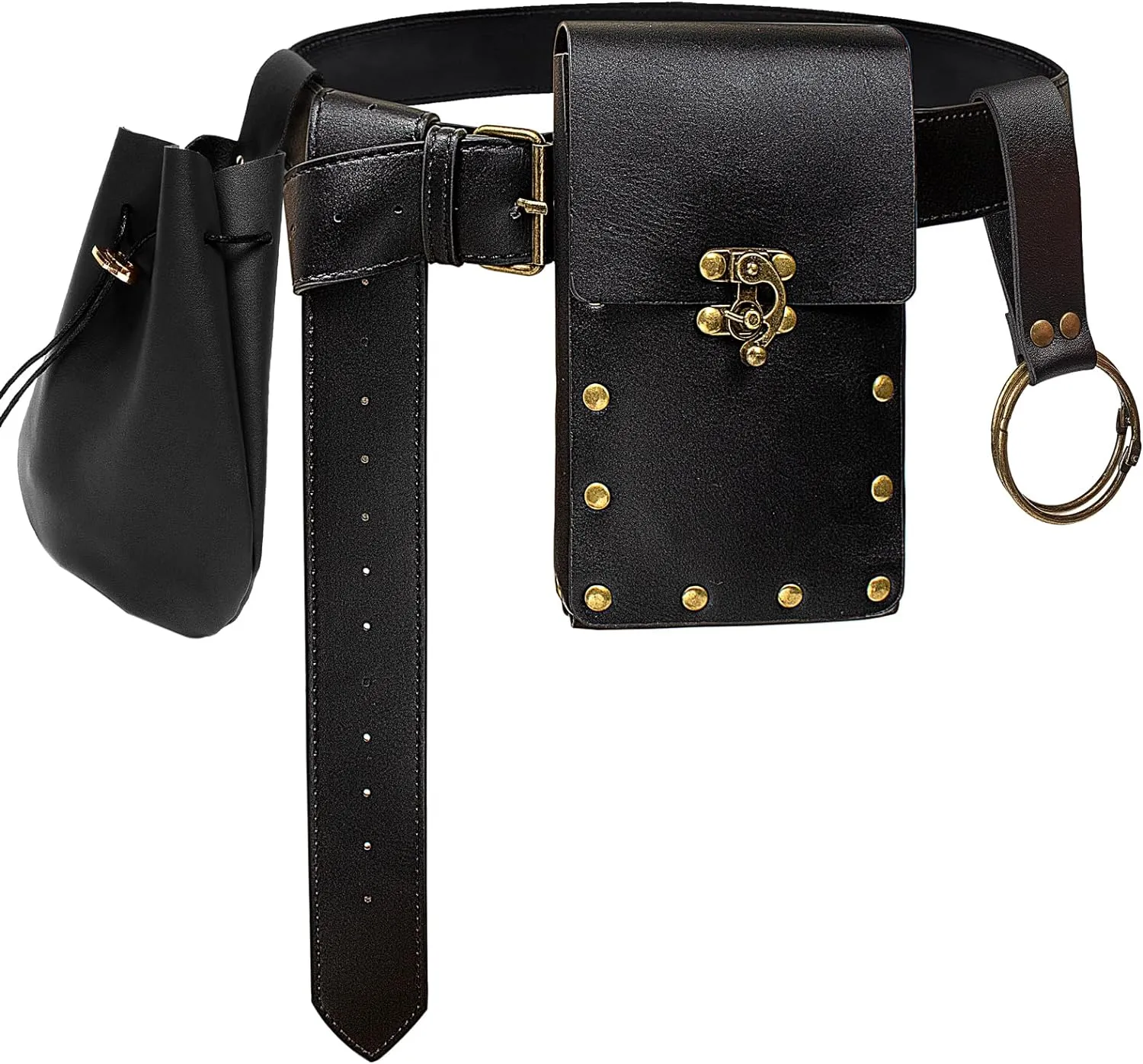 Steampunk Fashion Waist Bag Fanny Pack Belt Pouch Phone Purse Festival Medieval Renaissance Costume Retro Cosplay Accessory (2P-Black)