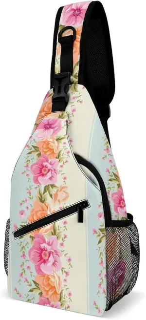 Striped-cute-flowers Sling Bag Crossbody Backpack for Men Women Chest Bag For Travel Hiking Cycling Camping